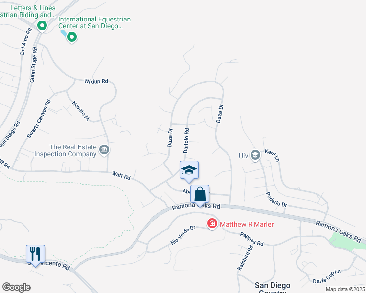 map of restaurants, bars, coffee shops, grocery stores, and more near 16320 Dartolo Road in Ramona
