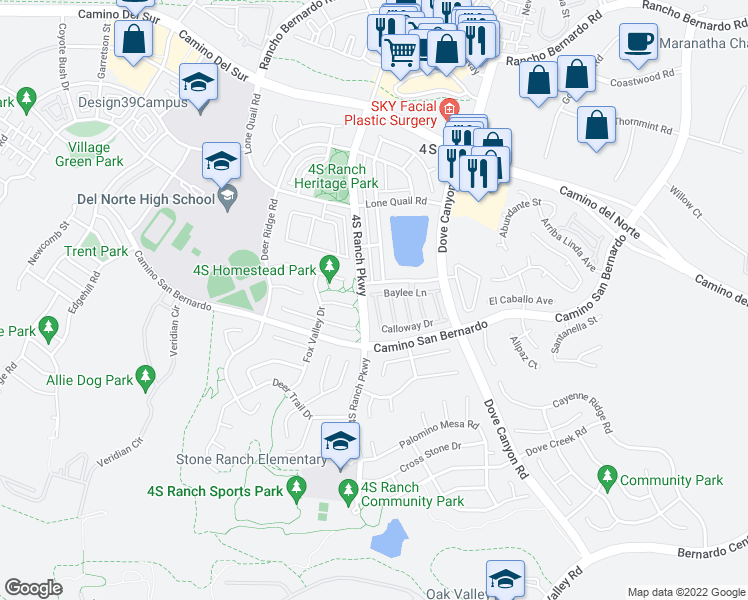 map of restaurants, bars, coffee shops, grocery stores, and more near 16503 4S Ranch Parkway in San Diego