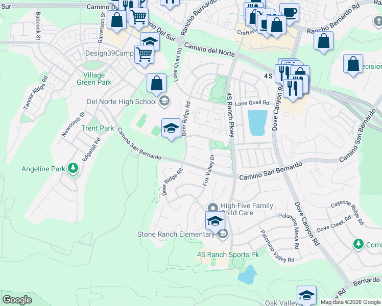 map of restaurants, bars, coffee shops, grocery stores, and more near 9842 Deer Ridge Place in San Diego