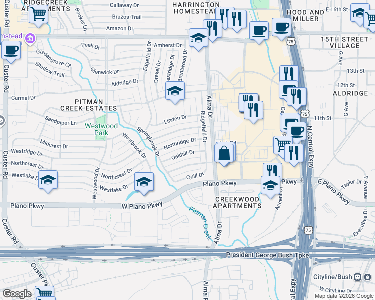 map of restaurants, bars, coffee shops, grocery stores, and more near 1301 Northridge Drive in Plano