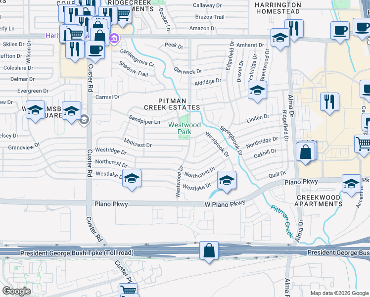map of restaurants, bars, coffee shops, grocery stores, and more near 1712 Poinciana Lane in Plano