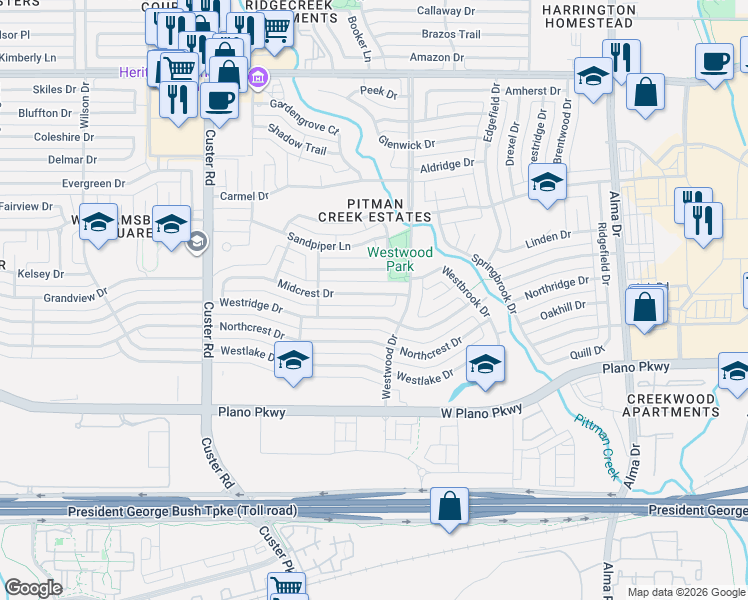 map of restaurants, bars, coffee shops, grocery stores, and more near 1712 Poinciana Lane in Plano