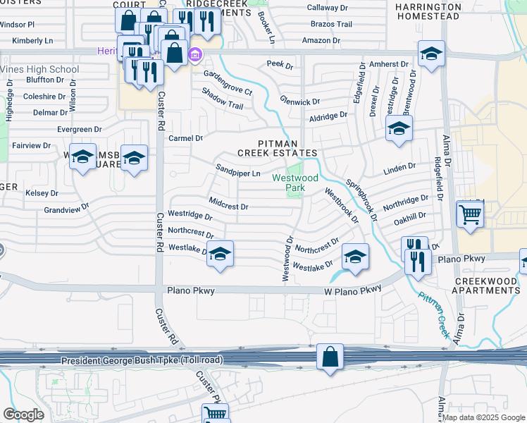 map of restaurants, bars, coffee shops, grocery stores, and more near 1732 Poinciana Lane in Plano