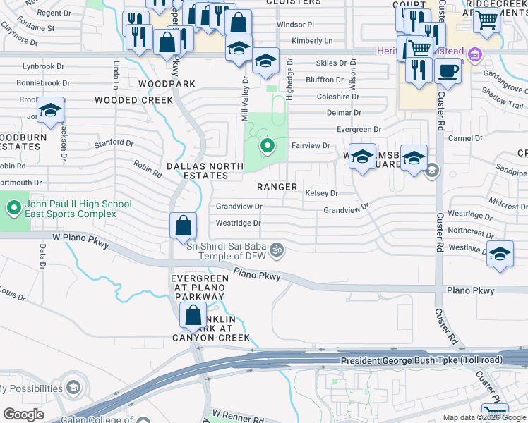 map of restaurants, bars, coffee shops, grocery stores, and more near 2608 Kelsey Court in Plano