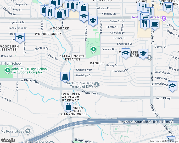 map of restaurants, bars, coffee shops, grocery stores, and more near 2709 Grandview Drive in Plano