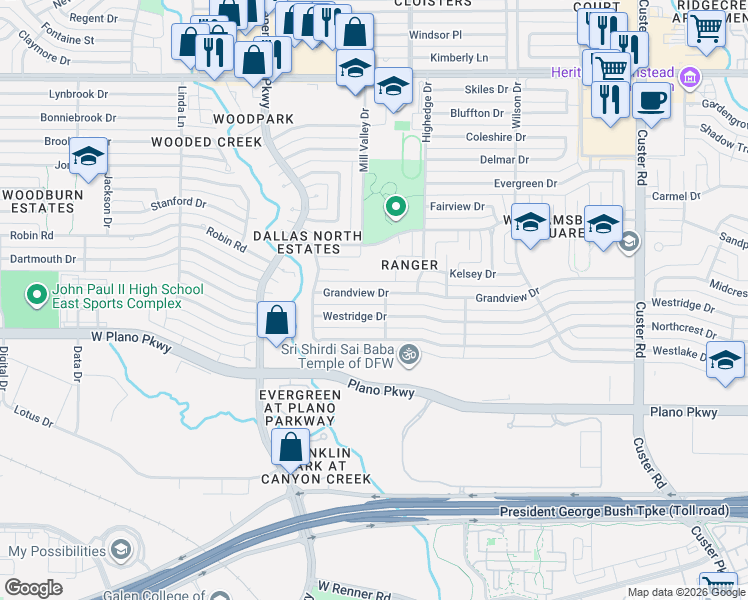 map of restaurants, bars, coffee shops, grocery stores, and more near 2709 Grandview Drive in Plano