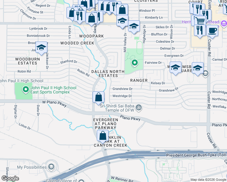 map of restaurants, bars, coffee shops, grocery stores, and more near 2712 Arborcove Drive in Plano
