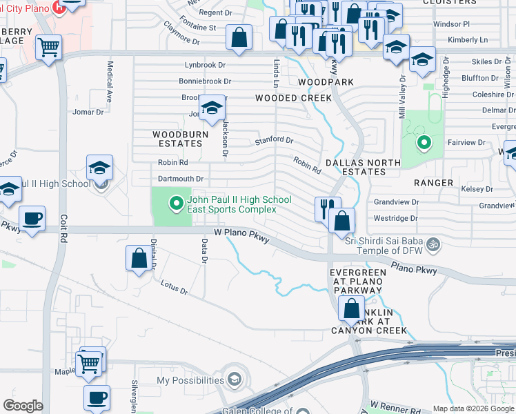 map of restaurants, bars, coffee shops, grocery stores, and more near 1013 Linda Lane in Plano