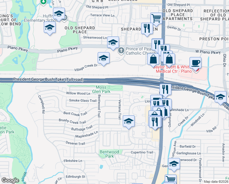 map of restaurants, bars, coffee shops, grocery stores, and more near President George Bush Turnpike in Dallas