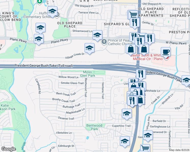 map of restaurants, bars, coffee shops, grocery stores, and more near President George Bush Turnpike in Dallas
