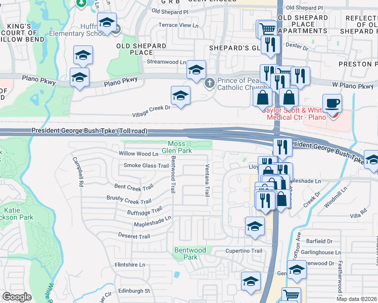 map of restaurants, bars, coffee shops, grocery stores, and more near 5320 Bentwood Trail in Dallas