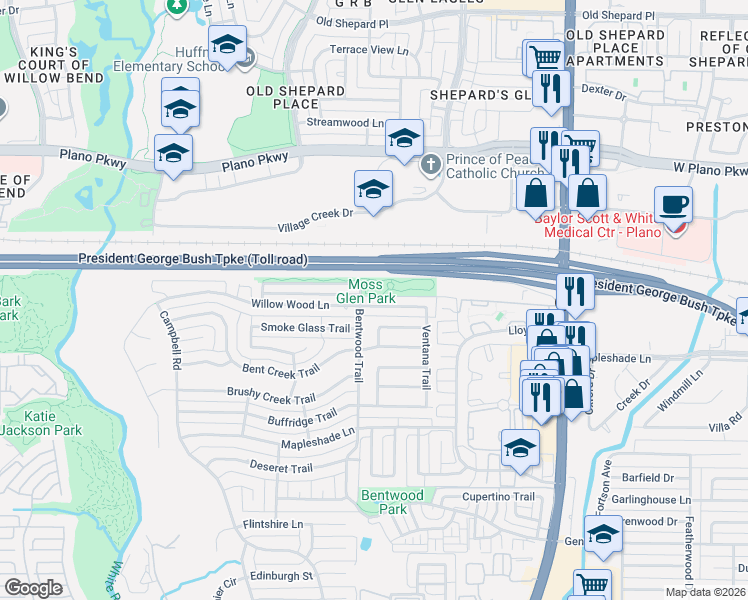 map of restaurants, bars, coffee shops, grocery stores, and more near 5200 Bentwood Trail in Dallas