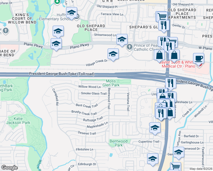map of restaurants, bars, coffee shops, grocery stores, and more near 5200 Bentwood Trail in Dallas