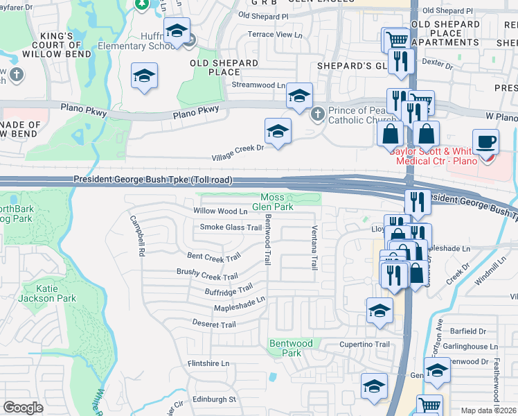 map of restaurants, bars, coffee shops, grocery stores, and more near 5250-5366 Mossbrook Trail in Dallas