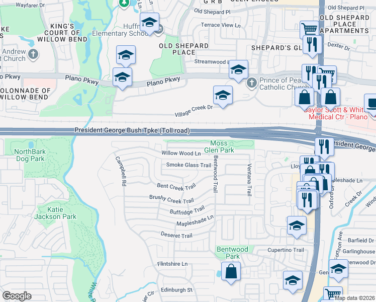 map of restaurants, bars, coffee shops, grocery stores, and more near 5828 Mossbrook Trail in Dallas