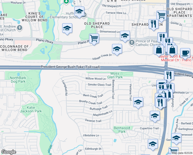 map of restaurants, bars, coffee shops, grocery stores, and more near 5828 Mossbrook Trail in Dallas