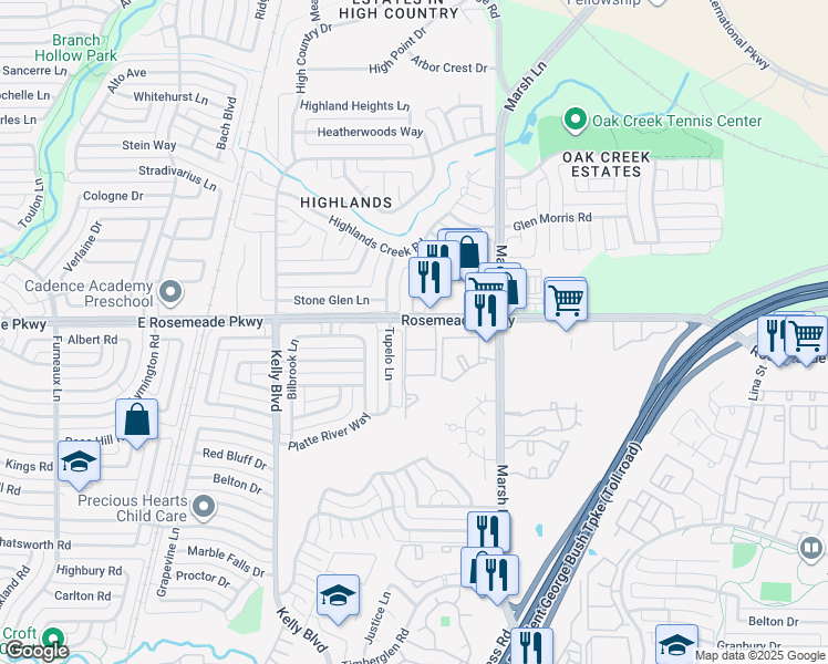 map of restaurants, bars, coffee shops, grocery stores, and more near 3701 Galloway Lane in Carrollton