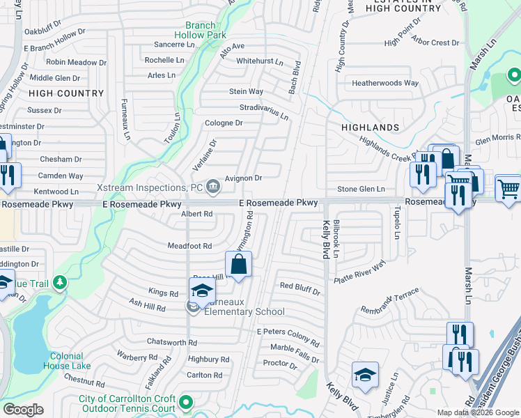 map of restaurants, bars, coffee shops, grocery stores, and more near 2117 East Rosemeade Parkway in Carrollton
