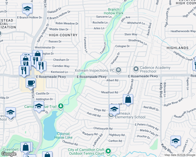 map of restaurants, bars, coffee shops, grocery stores, and more near 1922 Avignon Court in Carrollton