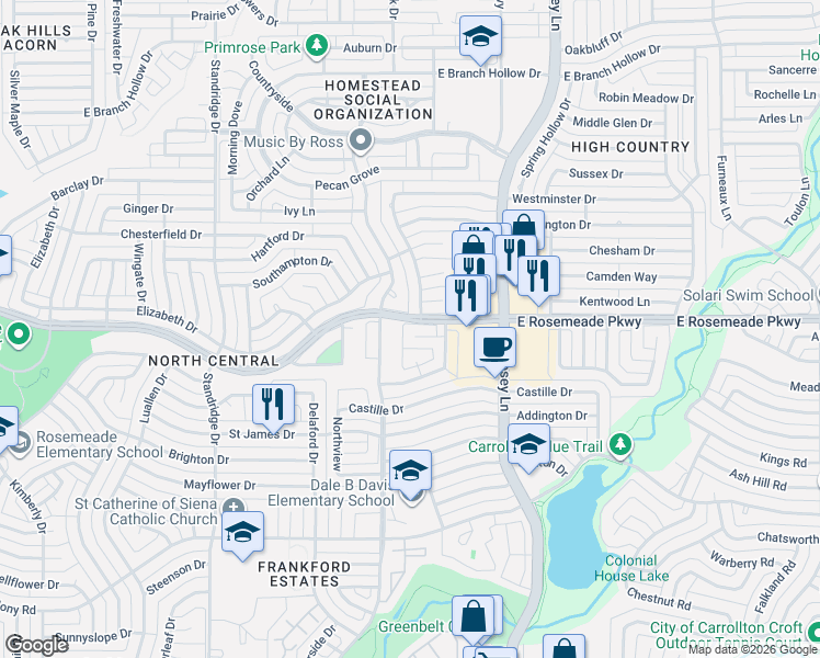 map of restaurants, bars, coffee shops, grocery stores, and more near 3702 Cemetery Hill Road in Carrollton