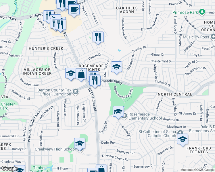 map of restaurants, bars, coffee shops, grocery stores, and more near 3653 Fuchsia Drive in Carrollton