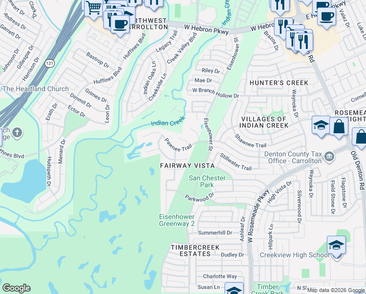 map of restaurants, bars, coffee shops, grocery stores, and more near 3806 Quivera Circle in Carrollton