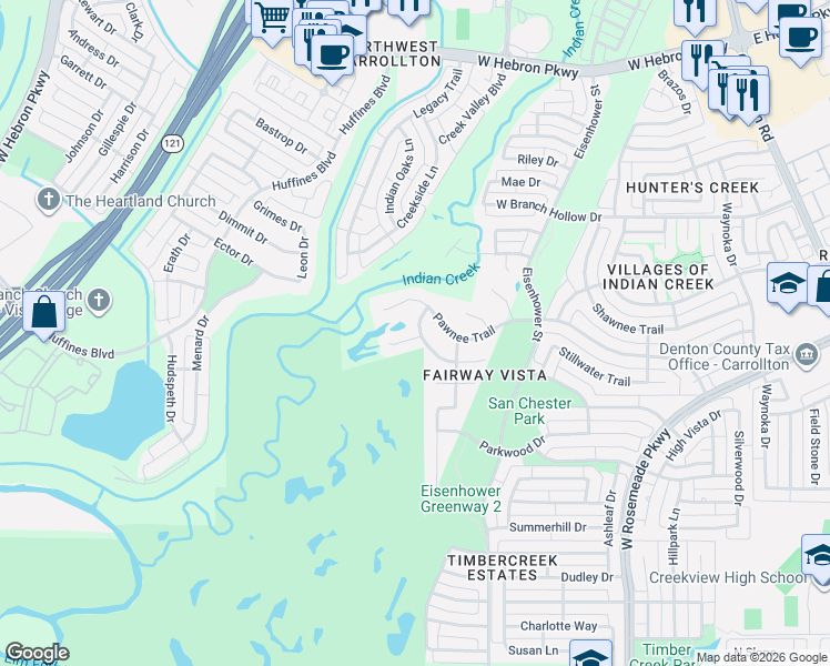 map of restaurants, bars, coffee shops, grocery stores, and more near 1421 Indian Lake Trail in Carrollton
