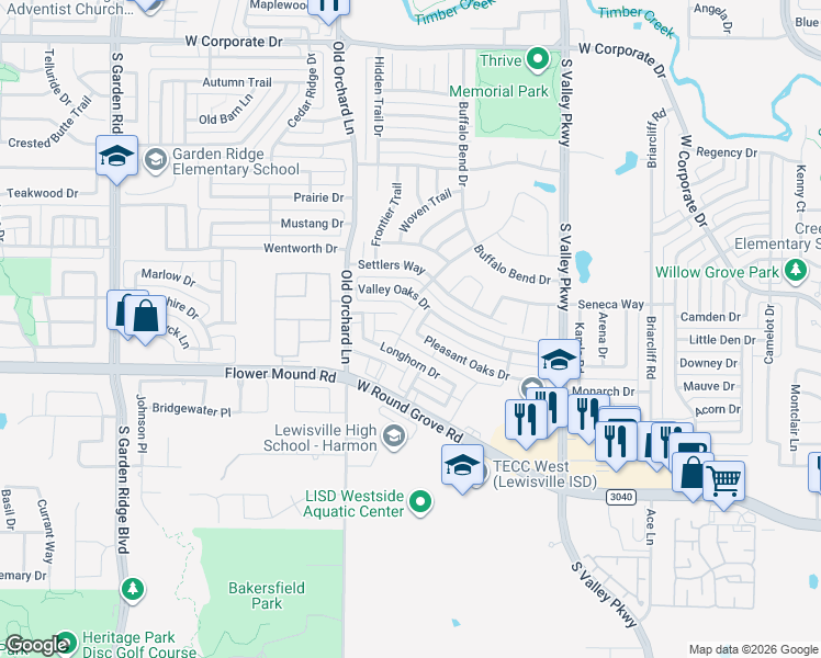 map of restaurants, bars, coffee shops, grocery stores, and more near 1201 Valley Oaks Drive in Lewisville