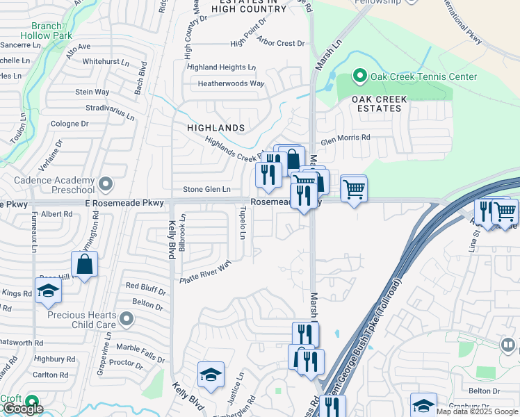 map of restaurants, bars, coffee shops, grocery stores, and more near 3440 East Rosemeade Parkway in Carrollton
