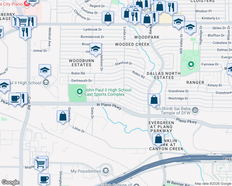 map of restaurants, bars, coffee shops, grocery stores, and more near 1013 Linda Lane in Plano