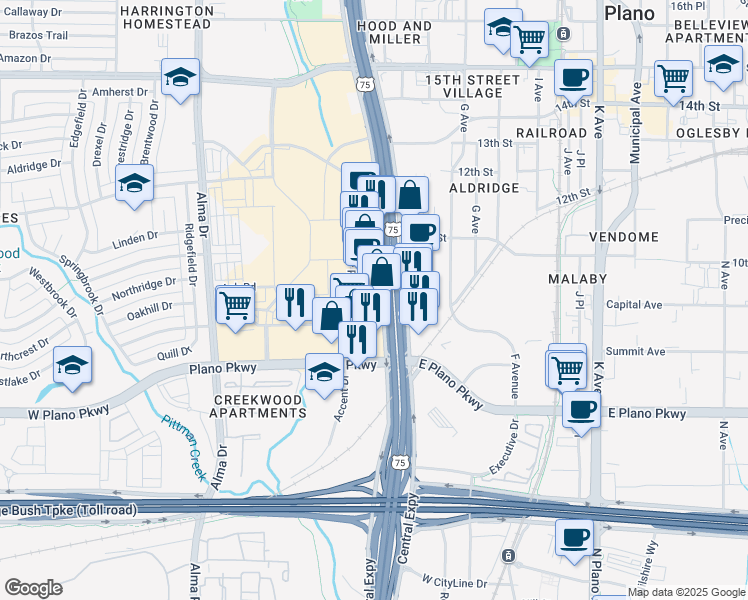 map of restaurants, bars, coffee shops, grocery stores, and more near 741 North Central Expressway in Plano