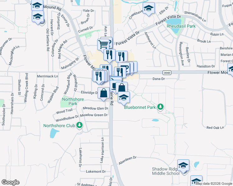 map of restaurants, bars, coffee shops, grocery stores, and more near 1900 Long Prairie Road in Flower Mound