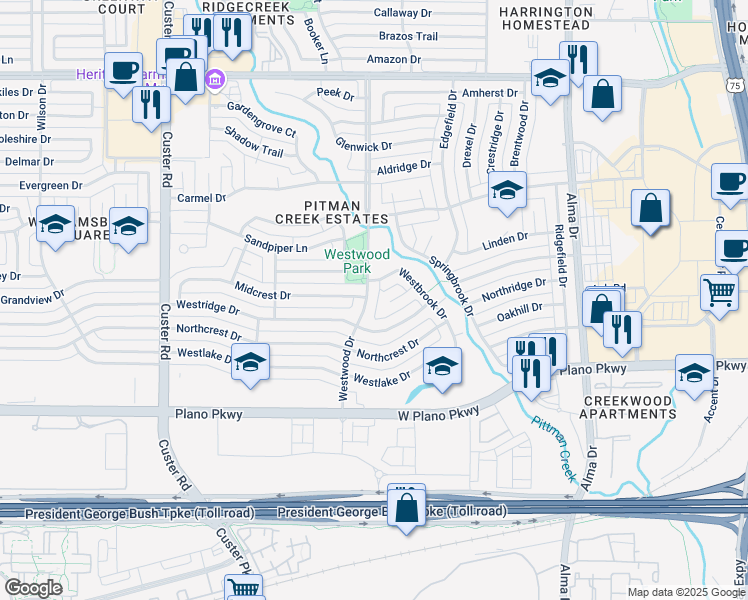 map of restaurants, bars, coffee shops, grocery stores, and more near 931 Westbrook Drive in Plano