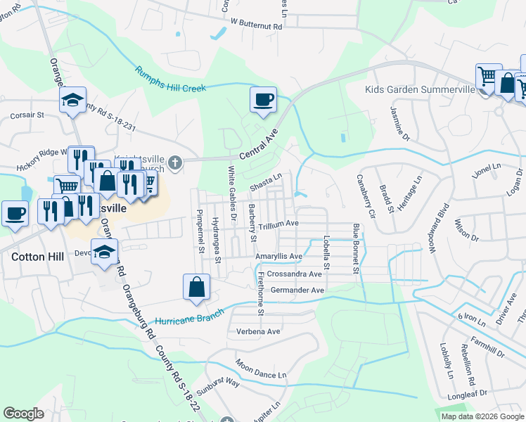 map of restaurants, bars, coffee shops, grocery stores, and more near 121 Dandelion Street in Summerville