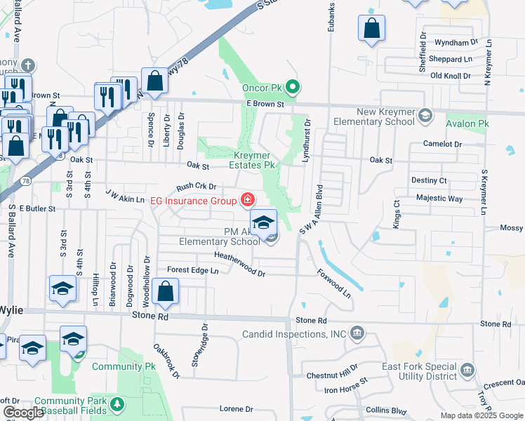 map of restaurants, bars, coffee shops, grocery stores, and more near 423 Tanglewood Drive in Wylie