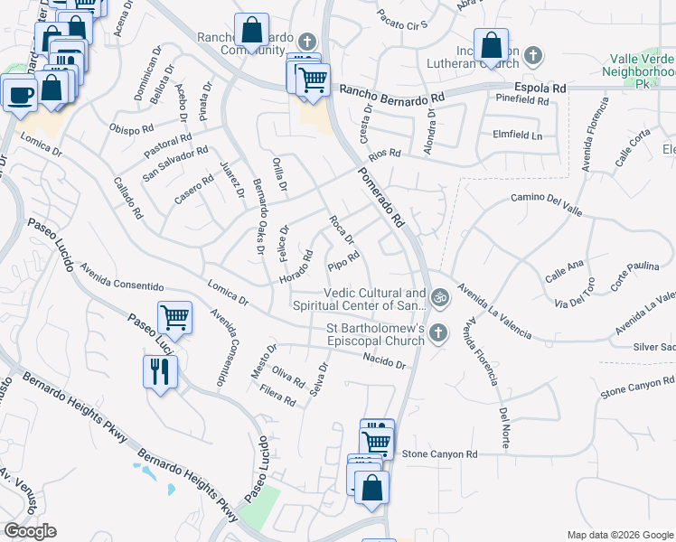 map of restaurants, bars, coffee shops, grocery stores, and more near 12470 Pipo Road in San Diego