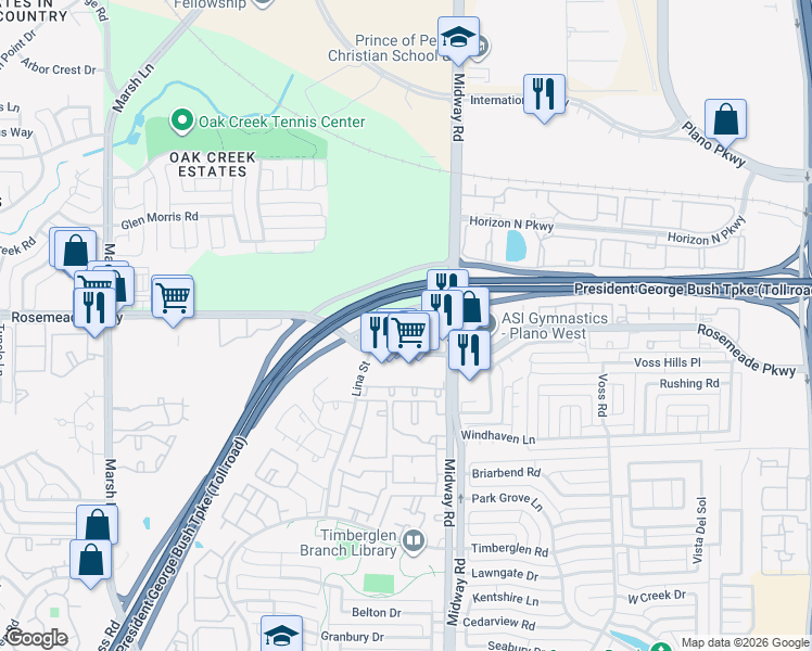 map of restaurants, bars, coffee shops, grocery stores, and more near President George Bush Turnpike in Dallas