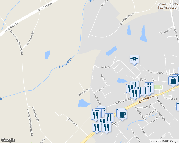 map of restaurants, bars, coffee shops, grocery stores, and more near 314 Dolly Street in Gray