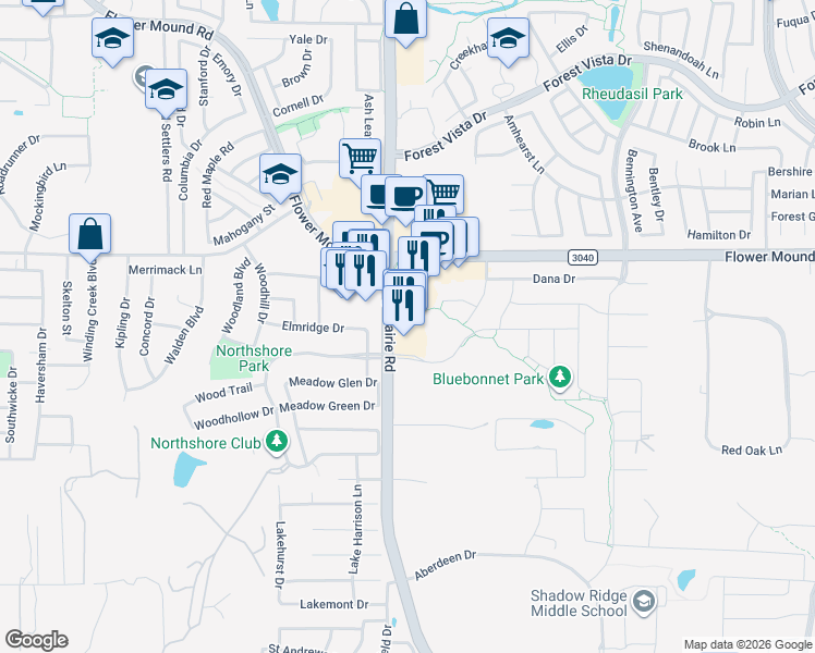 map of restaurants, bars, coffee shops, grocery stores, and more near 1900 Long Prairie Road in Flower Mound