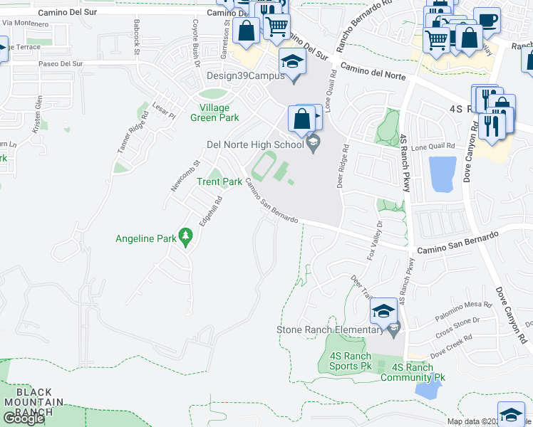 map of restaurants, bars, coffee shops, grocery stores, and more near 16045 Veridian Circle in San Diego
