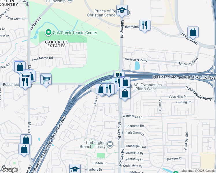 map of restaurants, bars, coffee shops, grocery stores, and more near President George Bush Turnpike in Dallas