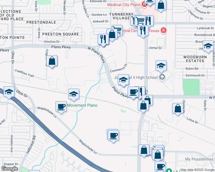 map of restaurants, bars, coffee shops, grocery stores, and more near 4028 West Plano Parkway in Plano