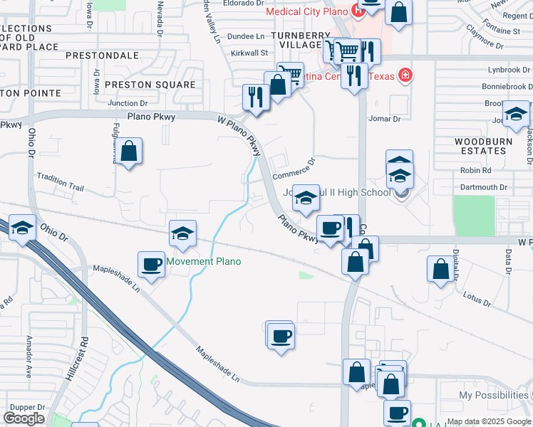 map of restaurants, bars, coffee shops, grocery stores, and more near 4028 West Plano Parkway in Plano