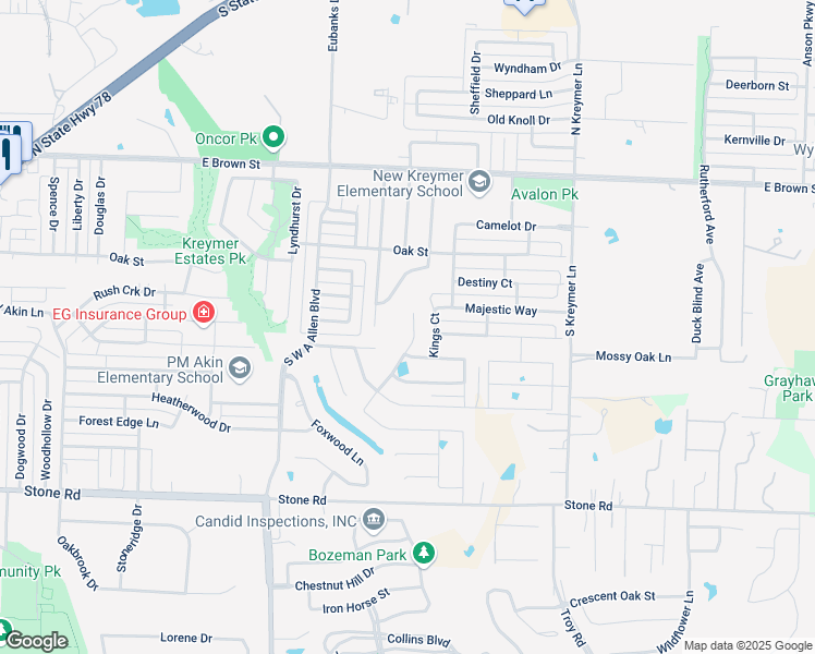 map of restaurants, bars, coffee shops, grocery stores, and more near 207 Kings Court in Wylie