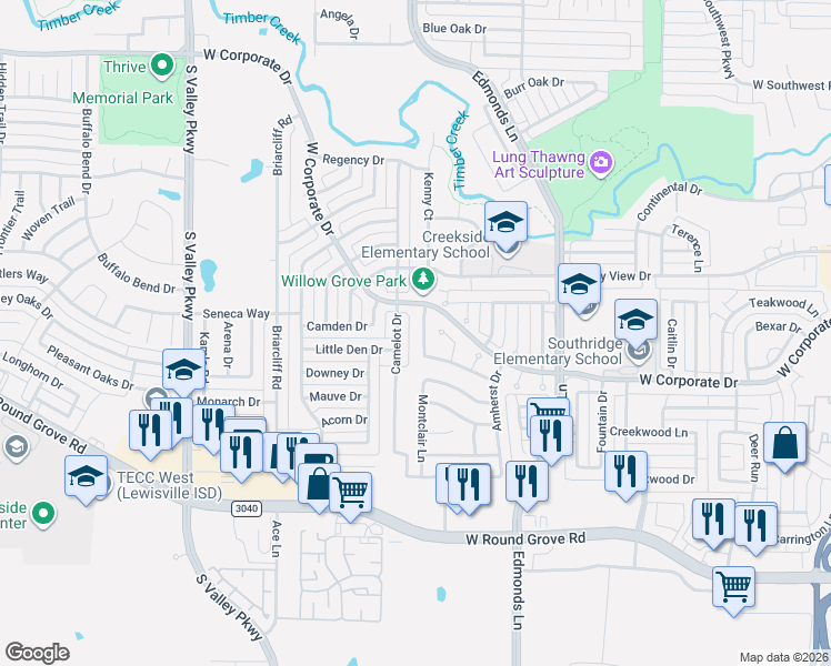 map of restaurants, bars, coffee shops, grocery stores, and more near 2059 Camelot Drive in Lewisville