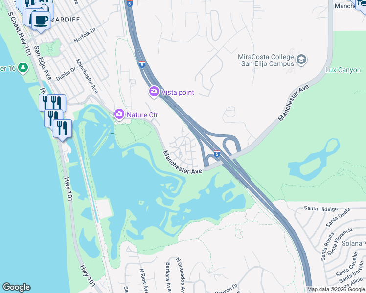 map of restaurants, bars, coffee shops, grocery stores, and more near 2438 Caminito Ocean Cove in Encinitas