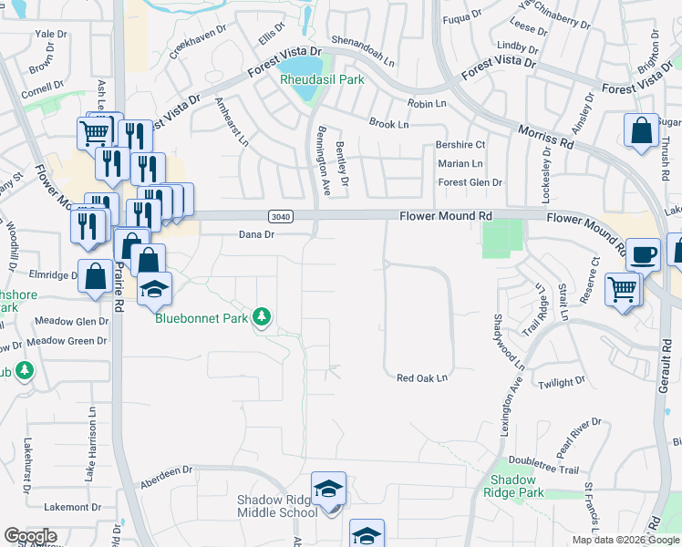 map of restaurants, bars, coffee shops, grocery stores, and more near 2104 Heather Ridge Court in Flower Mound