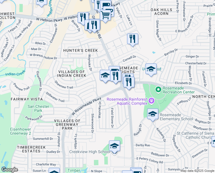 map of restaurants, bars, coffee shops, grocery stores, and more near 1024 West Rosemeade Parkway in Carrollton