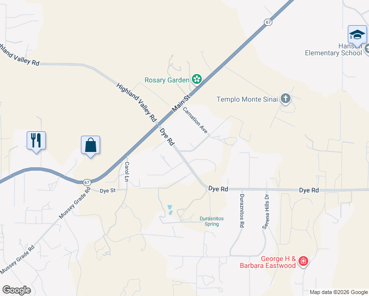 map of restaurants, bars, coffee shops, grocery stores, and more near 3411 Dye Road in Ramona