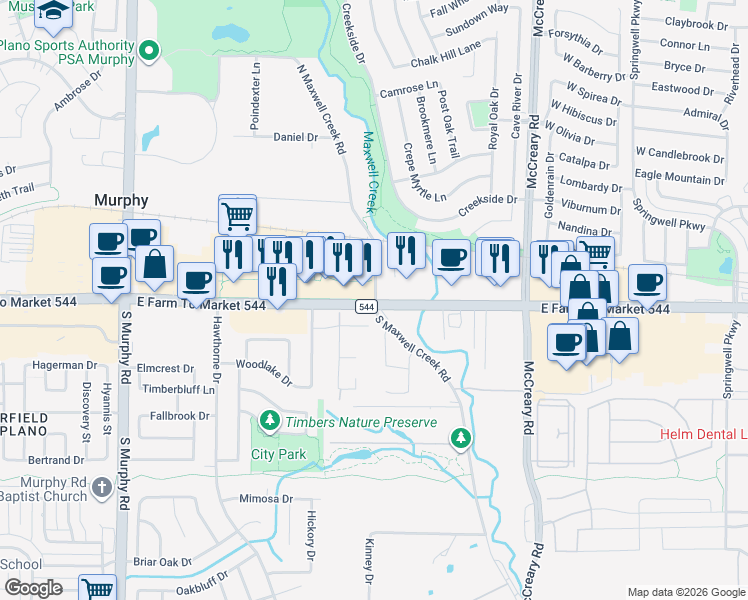 map of restaurants, bars, coffee shops, grocery stores, and more near 401 East Farm to Market Road 544 in Murphy
